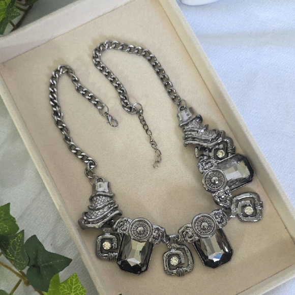 Oxidized Silver Statement Necklace with Smokey Grey Crystal Stones - Picture 7 of 8